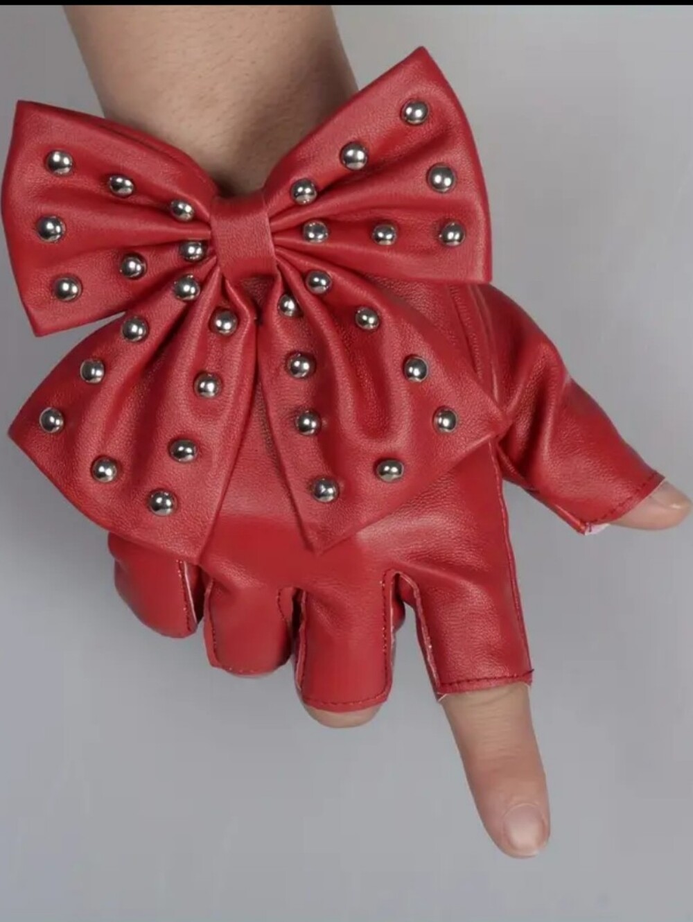 Red Studded Bow, Half-Finger, Snap-Button-Palm, Lined Faux Leather Gloves (OS)